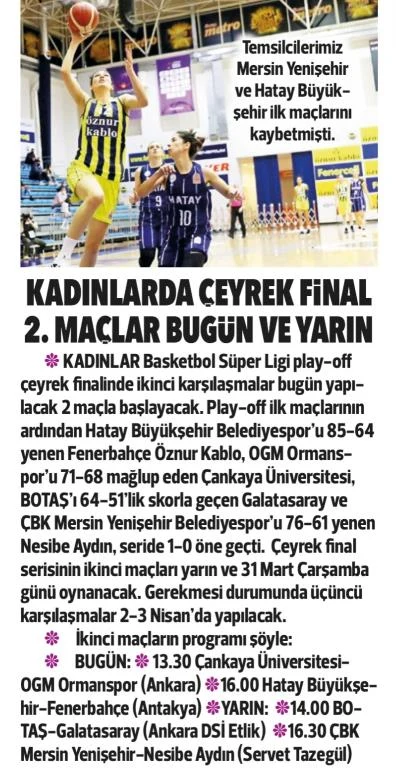 Kadınlarda çeyrek final: 2. maçlar bugün ve yarın
